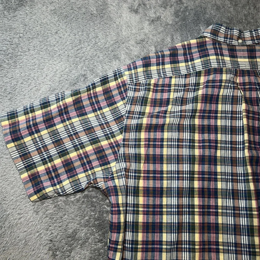 VTG Ralph Lauren Mcmeel Short Sleeve Plaid Polo Button Down Shirt Navy Pony SZ L